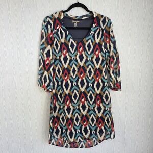 Wrangler Womens Dress S Multicolor Ikat Print Lined Chiffon V Neck Roll Tab Blue